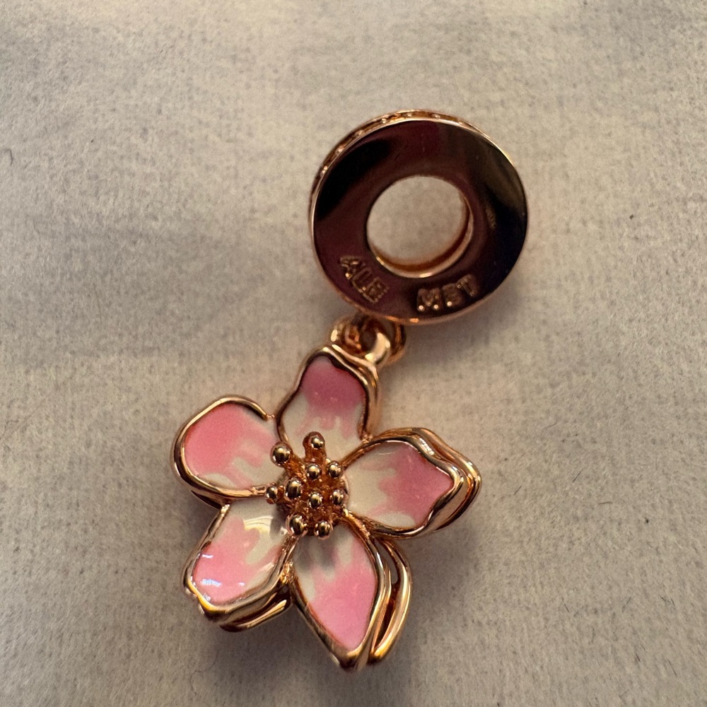 Pandora 14 K Rose Gold Plated Pink Enamel Cherry Blossom Dangle Charm